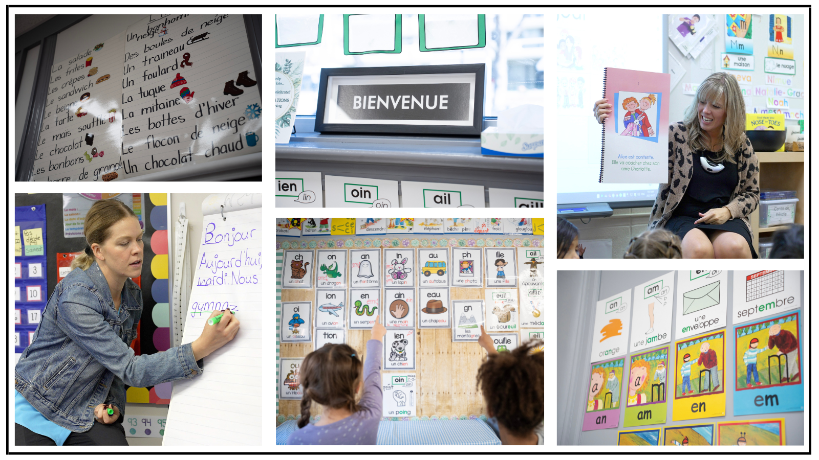 photo collage with french words students pointing at words and teachers writing and reading to students